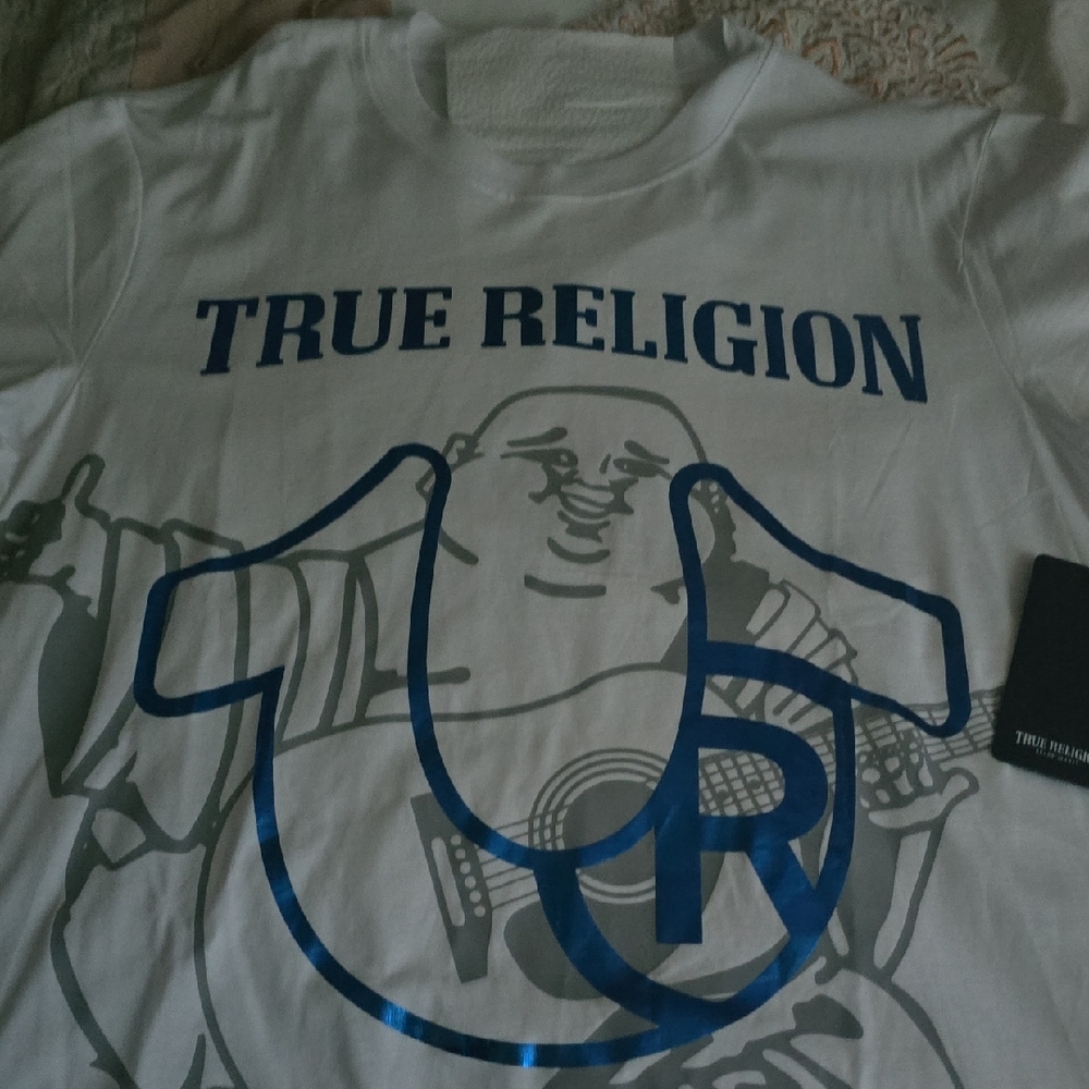 True Religion Men's White Tee with Blue Graphic